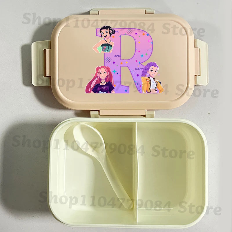 K-pop Demon Hunters Large Capacity Partitioned Lunch Box Cartoon Letter A-Z Printed Bento Box Portable Food Storage Container