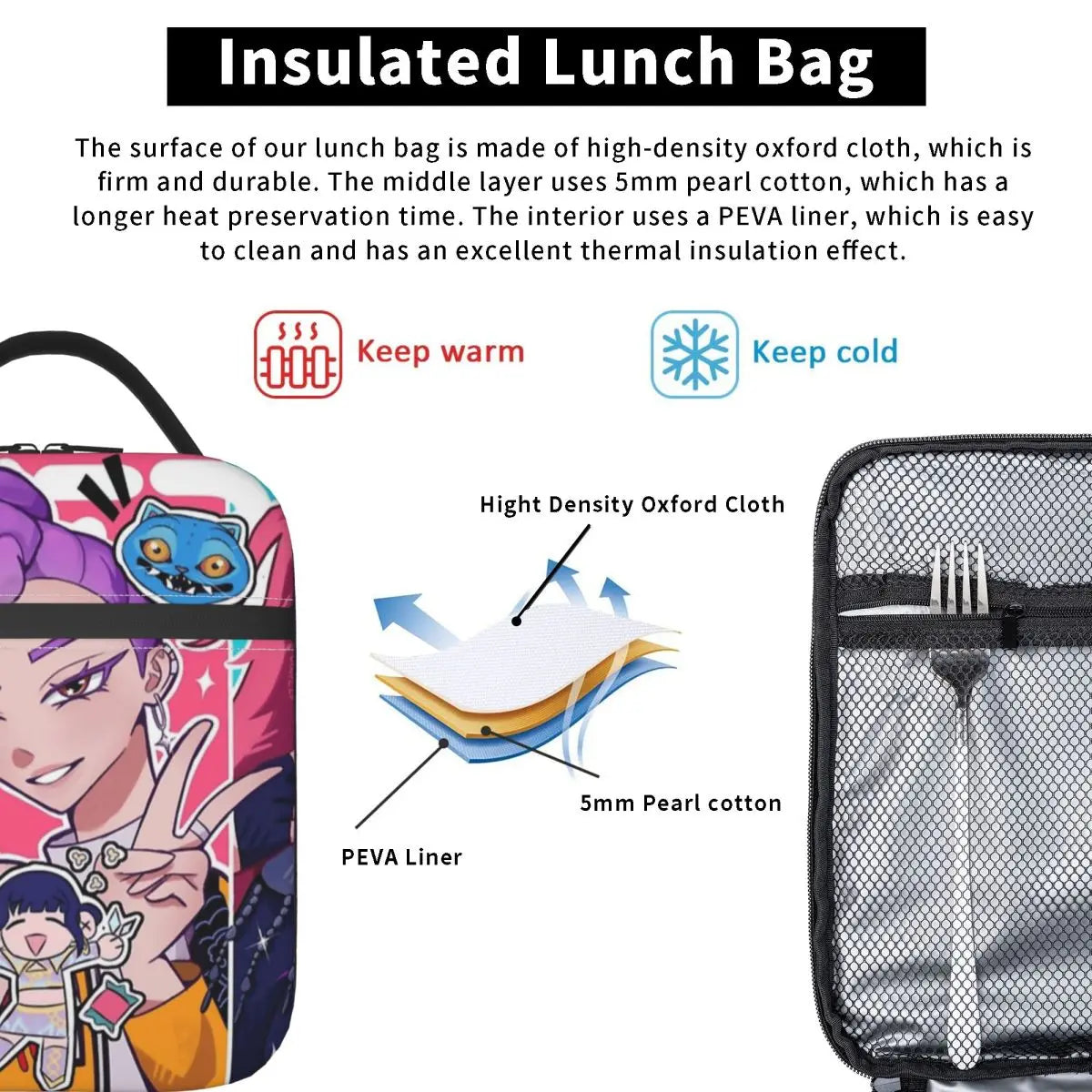 KPOP Demon Hunters Anime Lunch Bag Portable Lunch Box Girls Outdoor Picnic Print Cooler Bag Funny Oxford Tote Food Bags