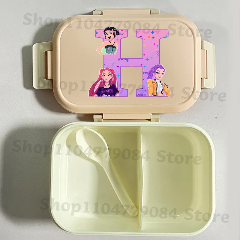 K-pop Demon Hunters Large Capacity Partitioned Lunch Box Cartoon Letter A-Z Printed Bento Box Portable Food Storage Container