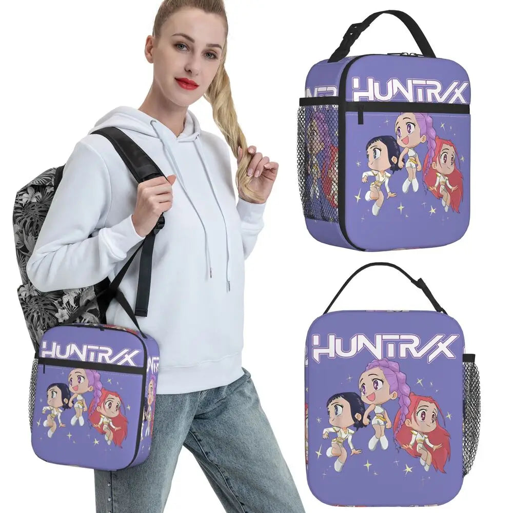 KPOP Demon Hunters Anime Lunch Bag Portable Lunch Box Girls Outdoor Picnic Print Cooler Bag Funny Oxford Tote Food Bags