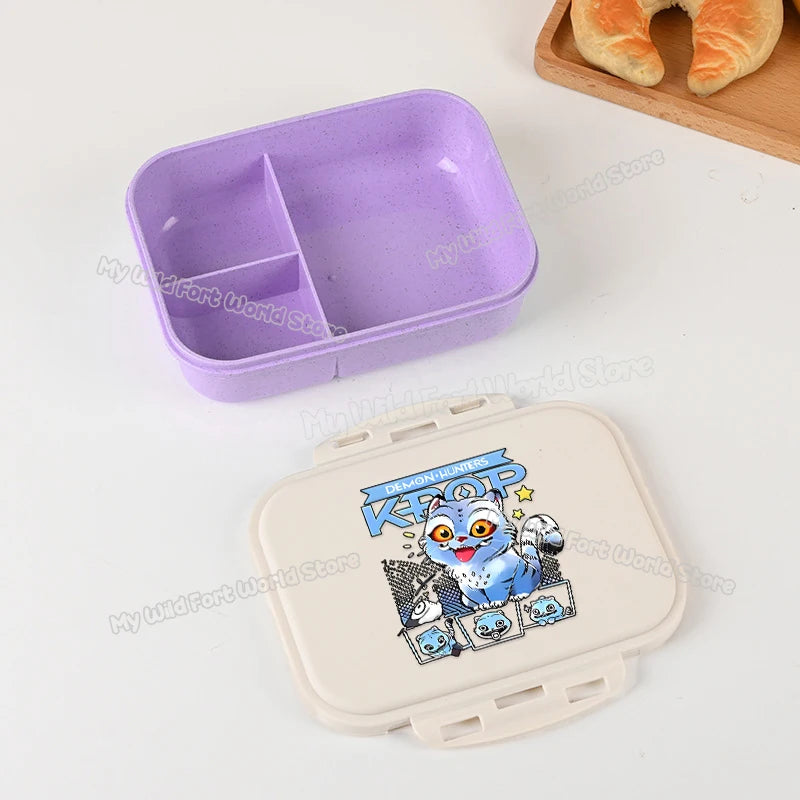 Kpop Demon Hunters Lunch Box for Boy Girl Cute Mira Zoey Jinu Portable Plastic Bento Box with Dinnerware Food Fruit Container