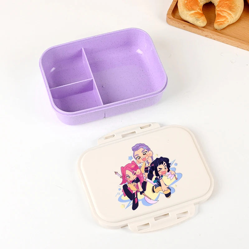 Kpop Demon Hunters Lunch Box for Boy Girl Cute Mira Zoey Jinu Portable Plastic Bento Box with Dinnerware Food Fruit Container