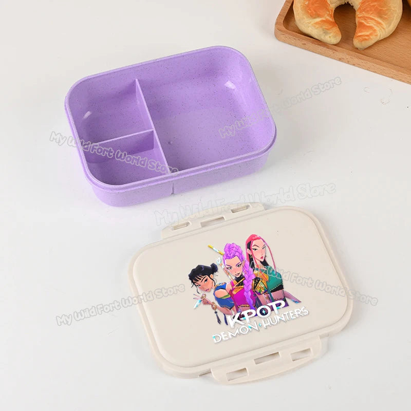 Kpop Demon Hunters Lunch Box for Boy Girl Cute Mira Zoey Jinu Portable Plastic Bento Box with Dinnerware Food Fruit Container