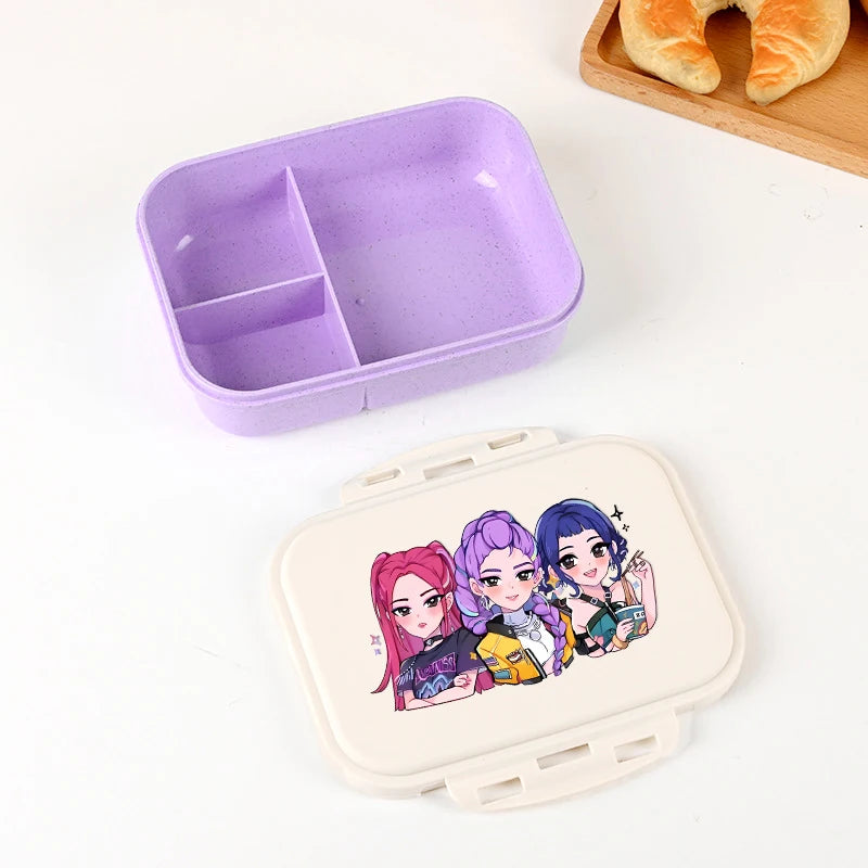 Kpop Demon Hunters Lunch Box for Boy Girl Cute Mira Zoey Jinu Portable Plastic Bento Box with Dinnerware Food Fruit Container