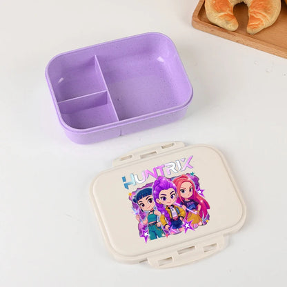 Kpop Demon Hunters Lunch Box for Boy Girl Cute Mira Zoey Jinu Portable Plastic Bento Box with Dinnerware Food Fruit Container