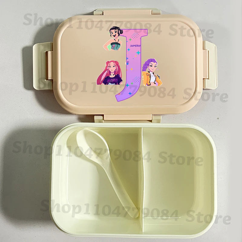 K-pop Demon Hunters Large Capacity Partitioned Lunch Box Cartoon Letter A-Z Printed Bento Box Portable Food Storage Container