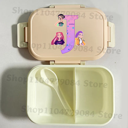 K-pop Demon Hunters Large Capacity Partitioned Lunch Box Cartoon Letter A-Z Printed Bento Box Portable Food Storage Container