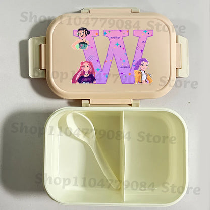 K-pop Demon Hunters Large Capacity Partitioned Lunch Box Cartoon Letter A-Z Printed Bento Box Portable Food Storage Container