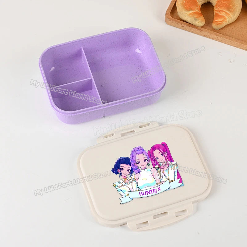 Kpop Demon Hunters Lunch Box for Boy Girl Cute Mira Zoey Jinu Portable Plastic Bento Box with Dinnerware Food Fruit Container