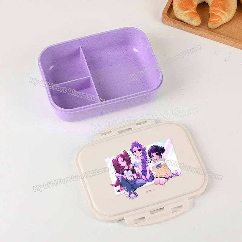 Kpop Demon Hunters Lunch Box for Boy Girl Cute Mira Zoey Jinu Portable Plastic Bento Box with Dinnerware Food Fruit Container