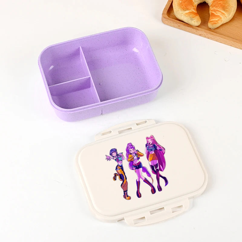 Kpop Demon Hunters Lunch Box for Boy Girl Cute Mira Zoey Jinu Portable Plastic Bento Box with Dinnerware Food Fruit Container
