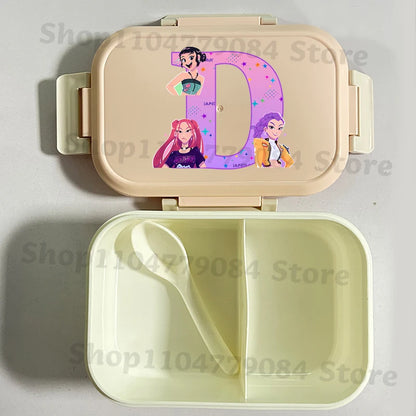 K-pop Demon Hunters Large Capacity Partitioned Lunch Box Cartoon Letter A-Z Printed Bento Box Portable Food Storage Container