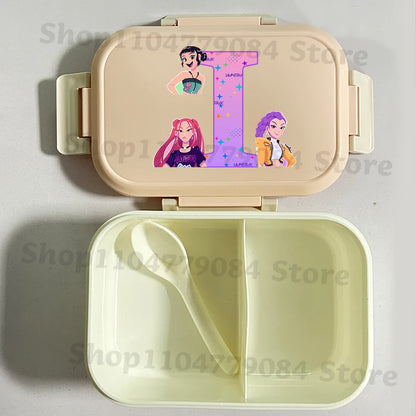 K-pop Demon Hunters Large Capacity Partitioned Lunch Box Cartoon Letter A-Z Printed Bento Box Portable Food Storage Container